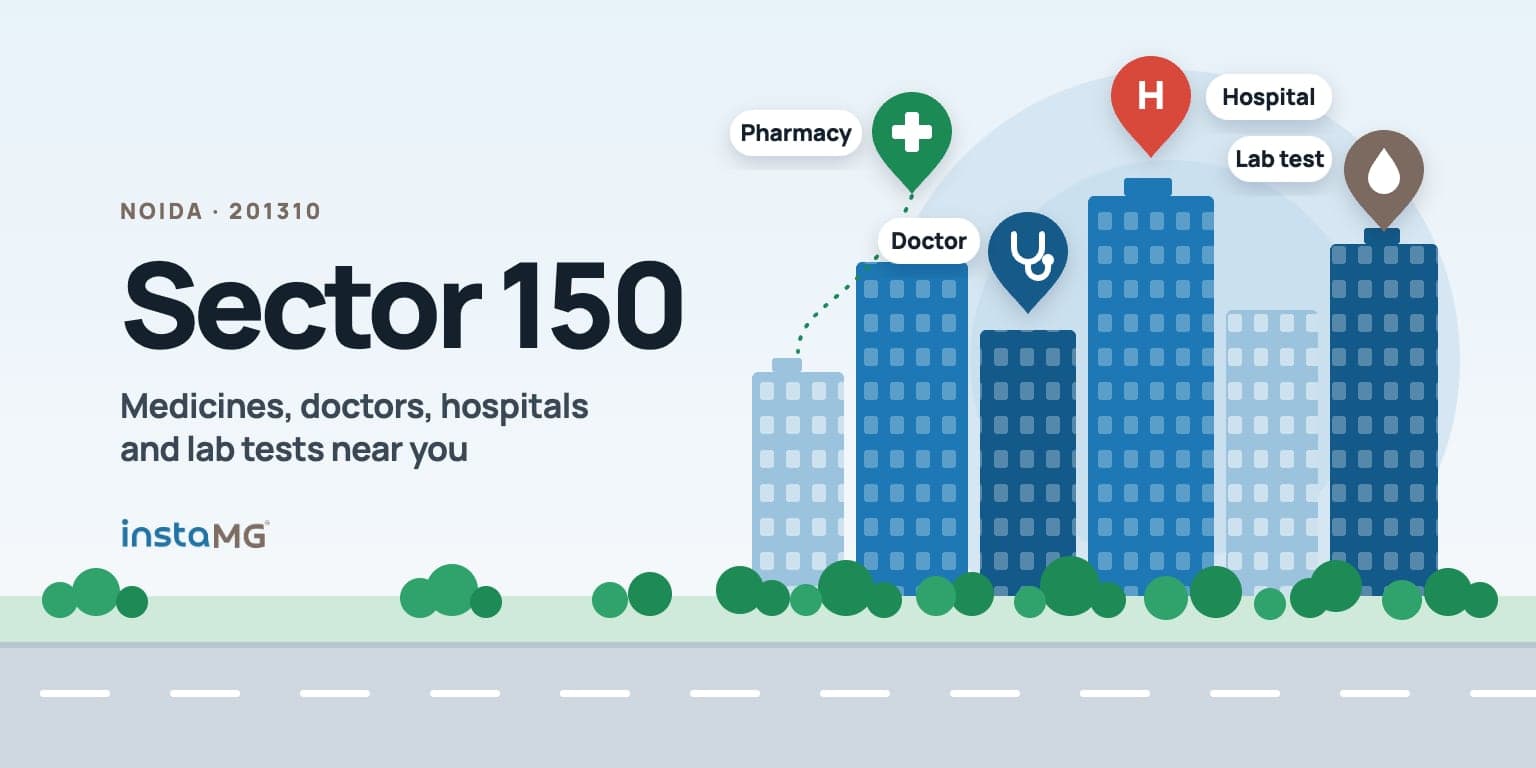 Illustration of Sector 150 society towers in Noida with map pins for a pharmacy, a doctor, a lab and a hospital