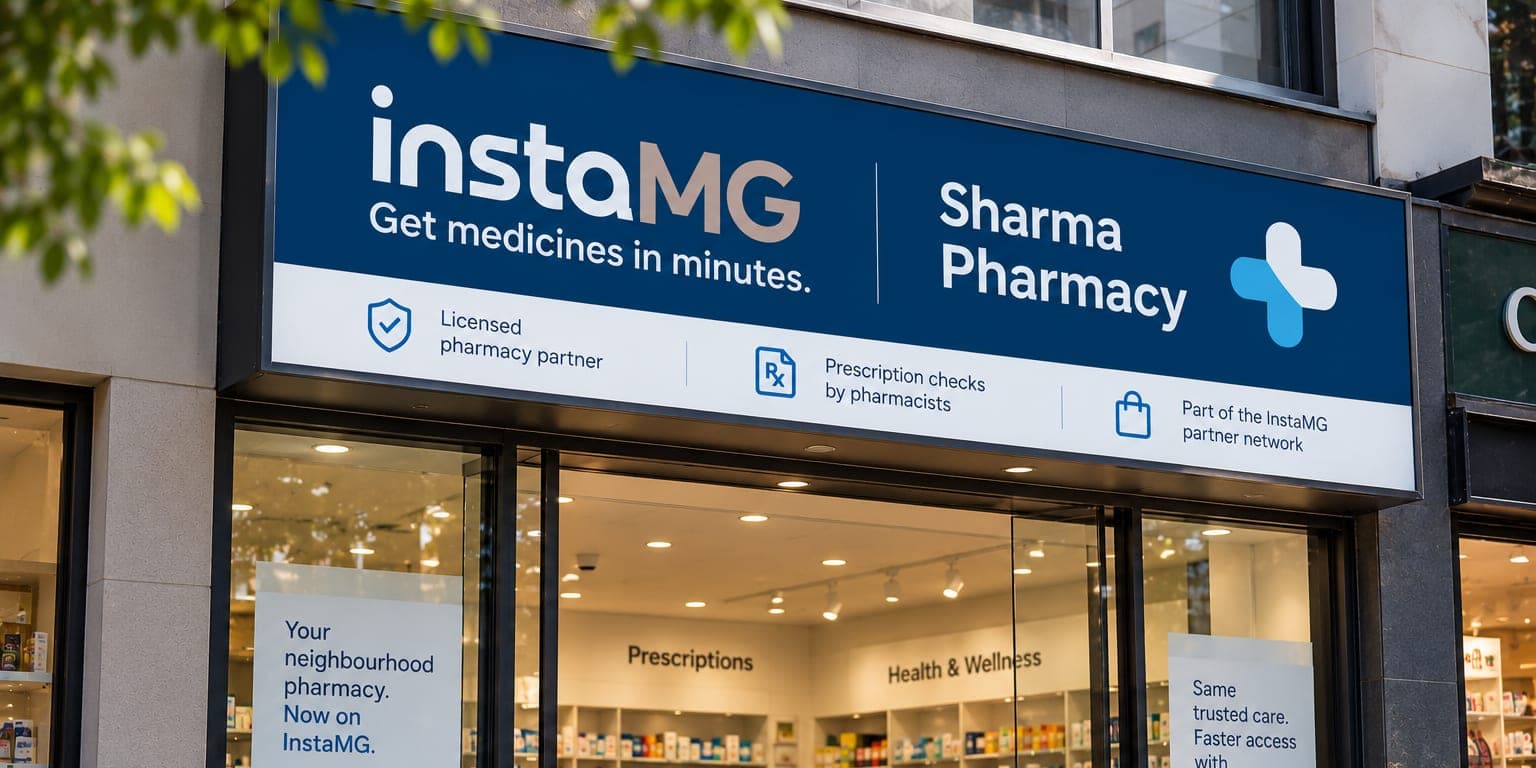 Illustrative design of an InstaMG partner pharmacy storefront with a navy InstaMG signboard and window standees