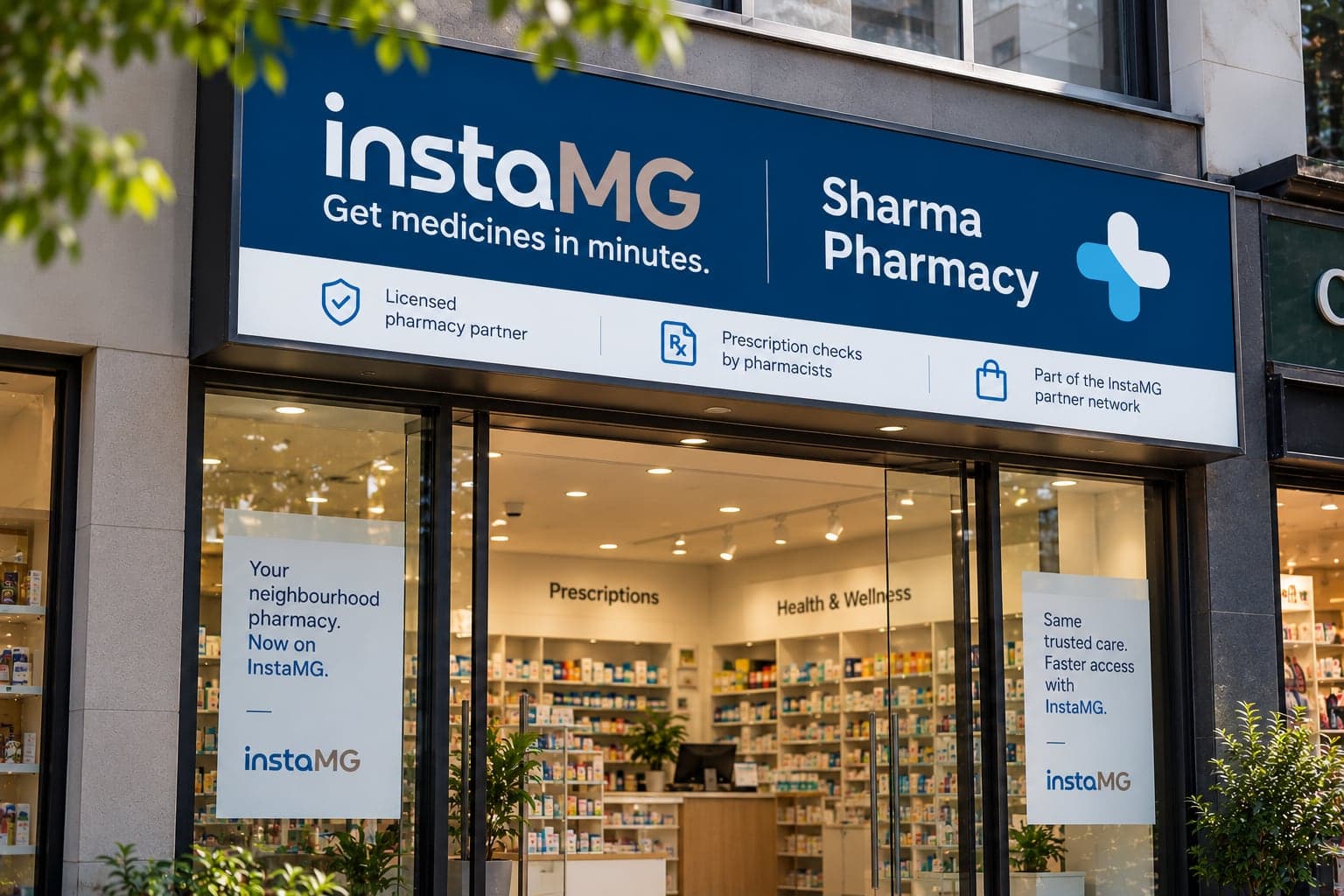 An InstaMG partner pharmacy storefront with a new navy InstaMG signboard and window standees