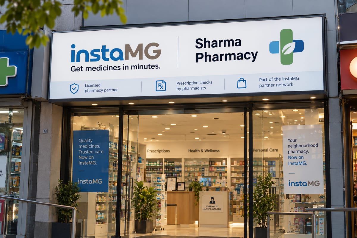 Illustrative design of an upgraded InstaMG partner storefront in the evening, with a white InstaMG signboard and window standees